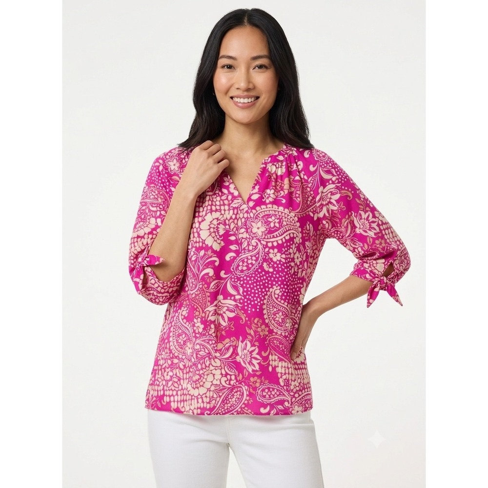 NWT Jones New York Pink Paisley V-Neck Blouse 3/4 Sleeve Tie Cuff Top Size PL